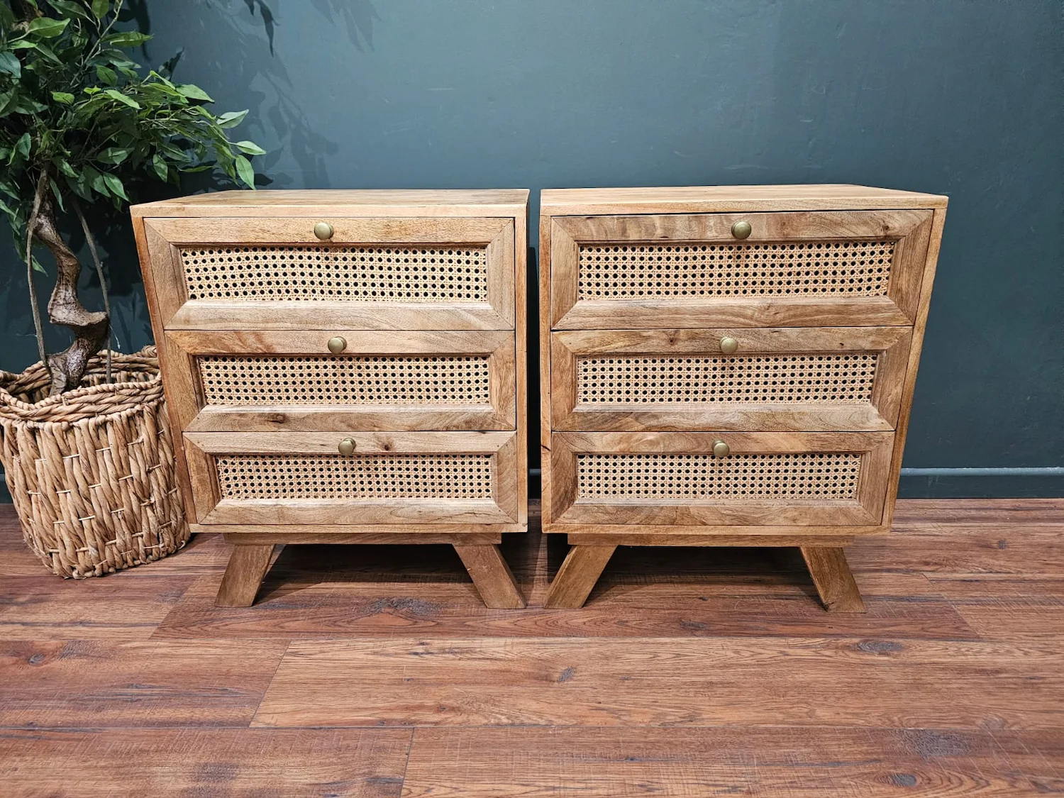 set of two rattan and mango wood bedsides