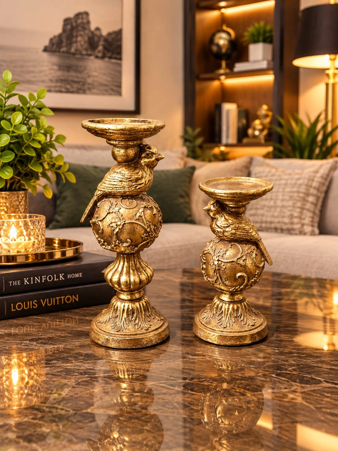 Pair of gold bird candle stands