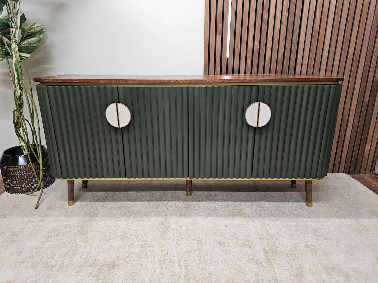 Clarke and Clarke Art Deco ribbed green and wooden large sideboard